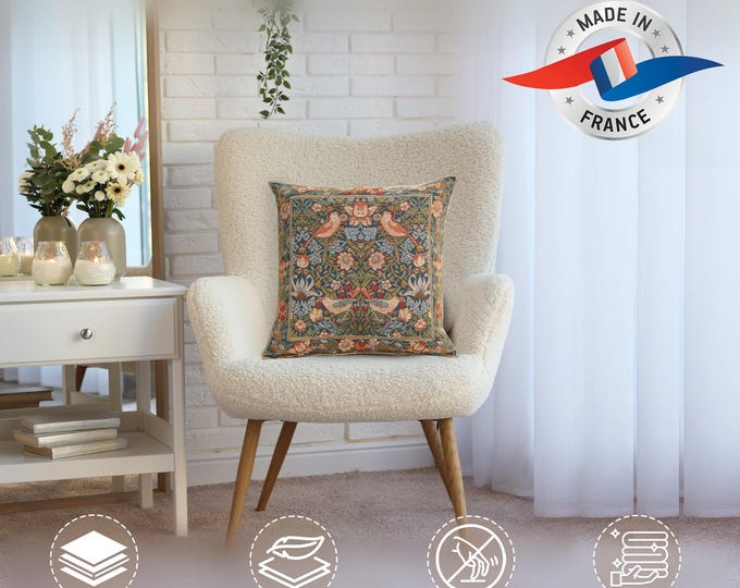 William Morris Tapestry Cushion Cover: Birds & Floral Art, 14x14 inch