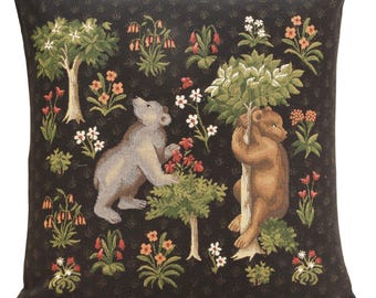 Forest Bears Tapestry Pillow Cover: Belgian Jacquard Woven Cotton (18x18 inch)