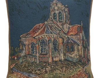 The Church of Auvers Tapestry Cushion Cover 16x16 inch – Van Gogh Art Pillow Case – Belgian Woven Sofa Pillow Cover