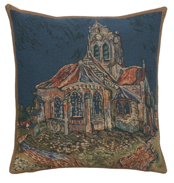 Van Gogh Tapestry Pillow Cover: Church of Auvers Belgian Woven Cushion (16x16 inch)