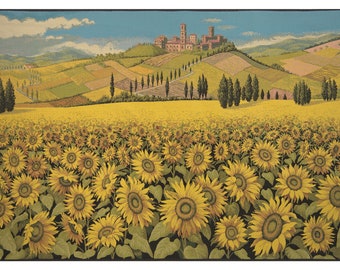Tuscan Sunflower Landscape European Wall Tapestry - Yellow Flower Wall Decor Art - Woven Italian Wall Tapestry - Garden Floral Wall Hanging