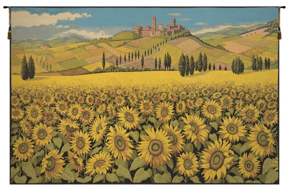 Tuscan Sunflower Landscape Tapestry: Italian Floral Wall Hanging