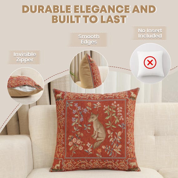 Medieval Fox Tapestry Pillow Cover: Woven Jacquard Cushion, 19x19 inch