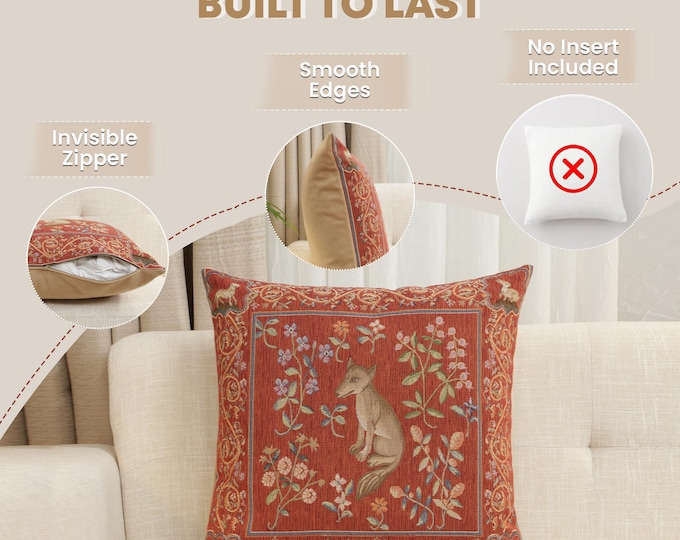 Medieval Fox Tapestry Pillow Cover: Woven Jacquard Cushion, 19x19 inch
