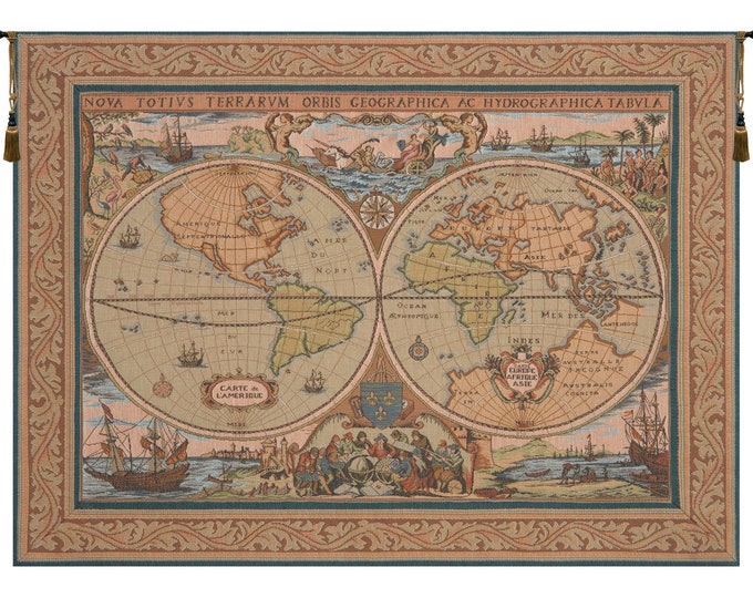 Maritime Map Tapestry: French Jacquard Woven Wall Hanging