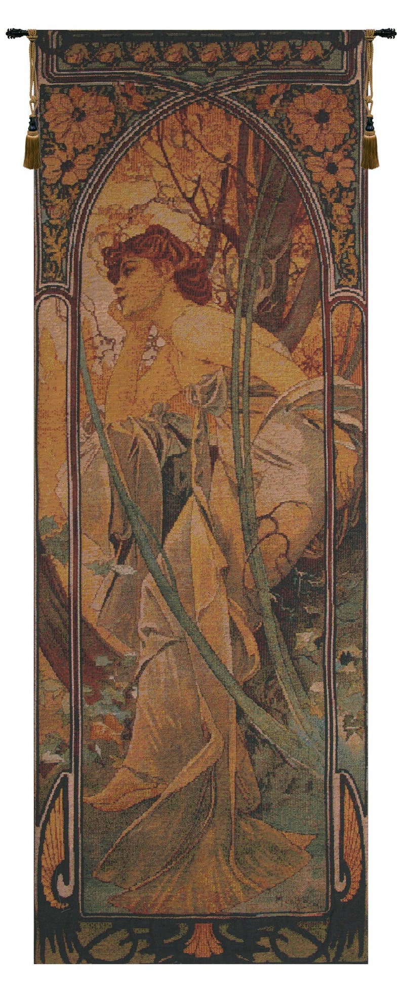 May include: A tapestry with a woman in a flowing gown standing in a garden setting. The tapestry has a brown, green, and gold color scheme and features a floral border.