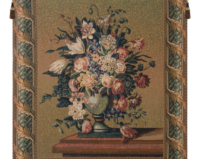 Breughel's Vase Green European Wall Tapestry - White Floral Woven Wall Décor Art - Flower Bouquet Jacquard Tapestry Wall Hanging