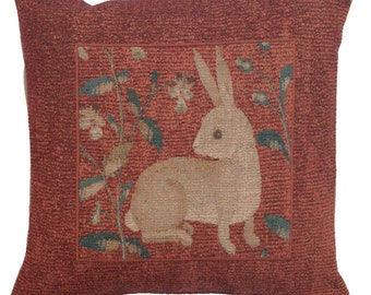 Sitting Rabbit in Red French Tapestry Cushion Cover - Red Decorative Medieval Pillow Case - 14x14 inch Living Room Throw Pillow Cover