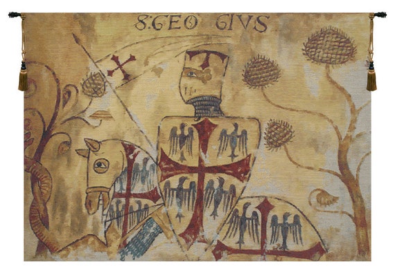 Chevaliers European Medieval Wall Tapestry - Cream Jacquard Woven Gobelin Decorative Art Hanging
