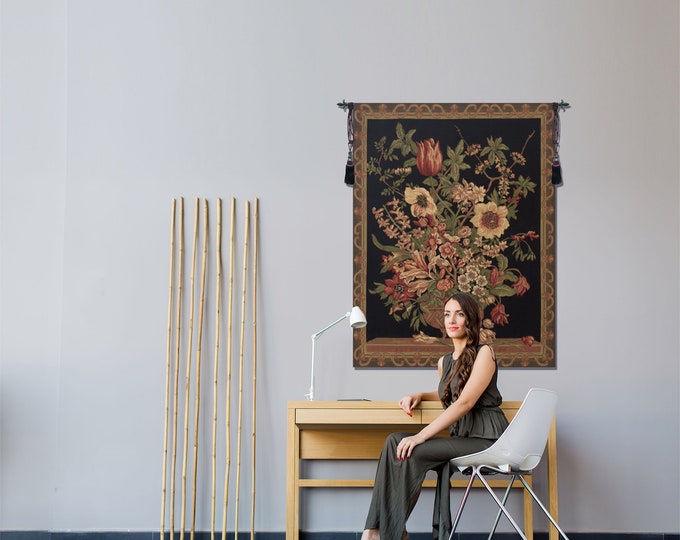 Vintage Floral European Wall Tapestry - Black Belgian Woven Art Hanging for Home Decor