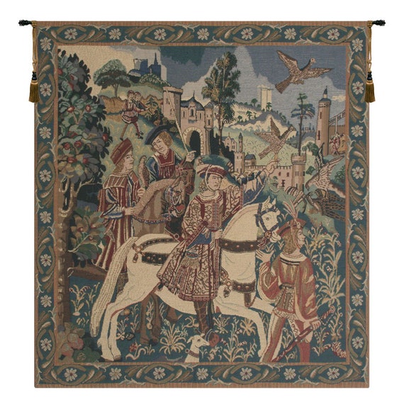 Falcon Hunt Tapestry: Medieval Knights, Belgian Woven Wall Decor