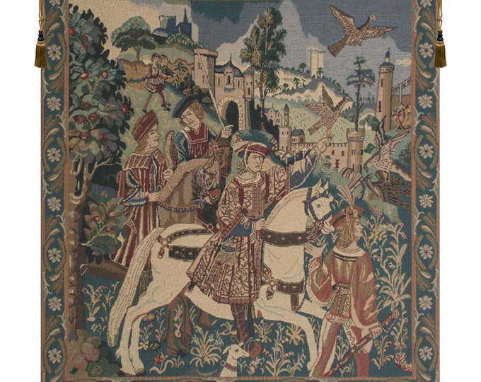 Falcon Hunt Tapestry: Medieval Knights, Belgian Woven Wall Decor