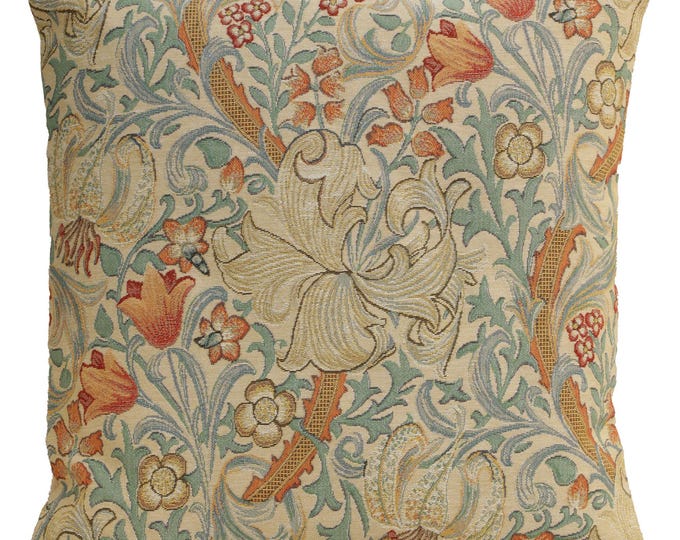 Golden Lily Tapestry Pillow Cover 18x18 Belgian Jacquard Floral Decorative Woven Throw Cushion Case