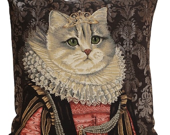 Royal Cat Throw Pillow Cover Medieval Cat Art Jacquard Cushion Gothic Decor 18x18