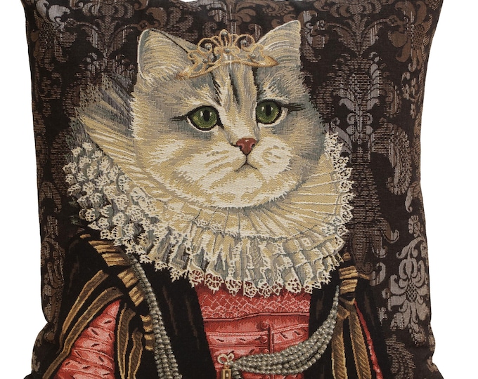 Royal Cat Throw Pillow Cover Medieval Cat Art Jacquard Cushion Gothic Decor 18x18