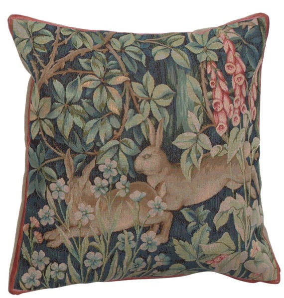 William Morris Tapestry Cushion Cover: Two Hares in Forest, Arts & Crafts Pillow (19x19 inch)