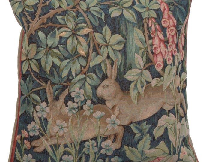 William Morris Tapestry Cushion Cover: Two Hares in Forest, Arts & Crafts Pillow (19x19 inch)
