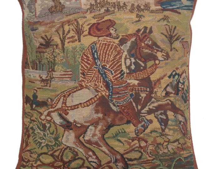 Belgian Tapestry Pillow Cover: Vieux Brussels Hunting Scene, 16x16 Inch