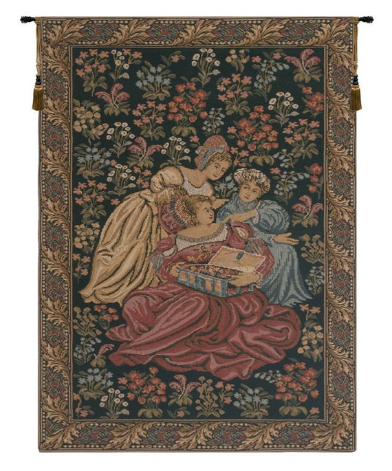 Millefleurs Tapestry: Medieval Noblewomen, Floral Home Decor (35x25 inch)