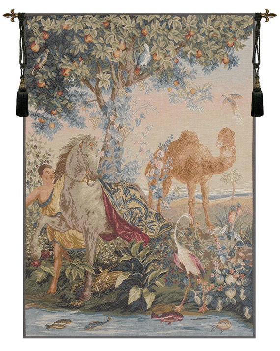 French Jacquard Woven Wall Tapestry: Cheval Drape, Horse & Camel Art