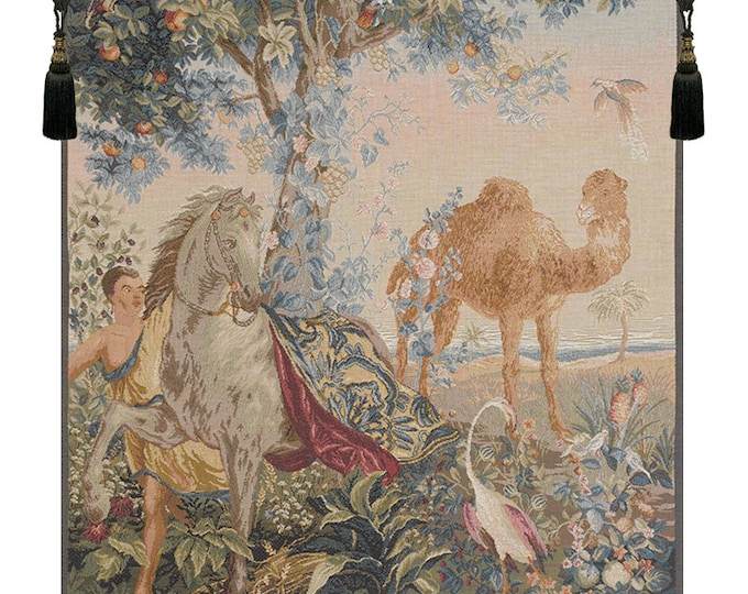 French Jacquard Woven Wall Tapestry: Cheval Drape, Horse & Camel Art
