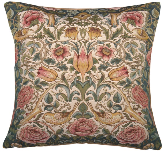 Elegant William Morris Floral Tapestry Pillow Cover: White Roses & Birds, 19x19  Inch, French-Woven