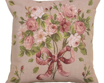 Bouquet De Roses French Tapestry Pillow Cover, Cream Gobelin Cushion Cover 19x19 Inch, Floral Sofa Pillow Case for Elegant Decor