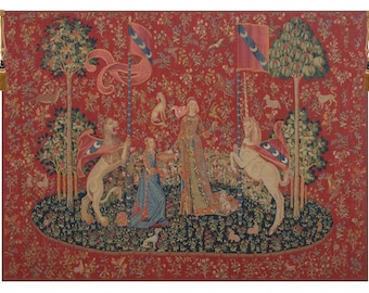 Le Gout Fonce European Wall Tapestry - Millefleurs Red Background Wall Hanging - Lady and Unicorn Wall Art - Woven Belgian Wall Tapestry
