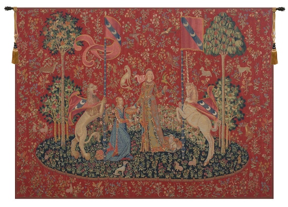 Le Gout Fonce European Wall Tapestry - Millefleurs Red Background Wall Hanging - Lady and Unicorn Wall Art - Woven Belgian Wall Tapestry