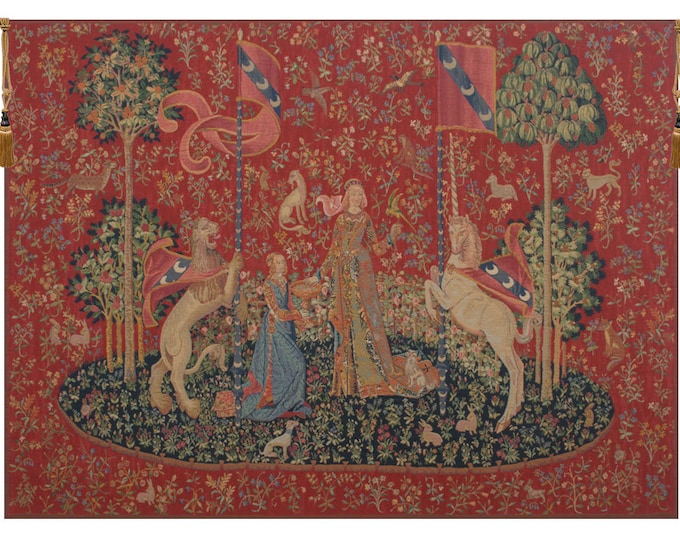 Le Gout Fonce European Wall Tapestry - Millefleurs Red Background Wall Hanging - Lady and Unicorn Wall Art - Woven Belgian Wall Tapestry
