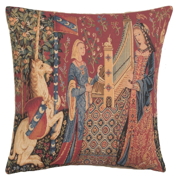 Unicorn Tapestry Pillow Cover: Medieval Art, Belgian Woven Throw (18x18 inch)