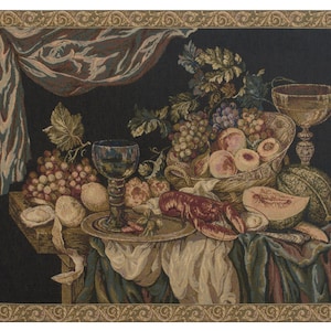Elegant Feast Setting European Wall Tapestry - Medieval Woven Wall Decor Art - Black Background Belgian Wall Tapestry - Decorative Wall Art