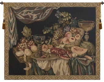 Elegant Feast Setting European Wall Tapestry - Medieval Woven Wall Decor Art - Black Background Belgian Wall Tapestry - Decorative Wall Art