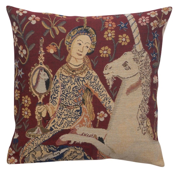 Lady and Unicorn Pillow Cover: Woven Medieval Tapestry (16x16 inch)