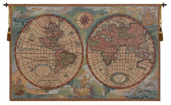 Antique World Map Tapestry: Medieval Italian Jacquard Wall Hanging (16x26 inch)