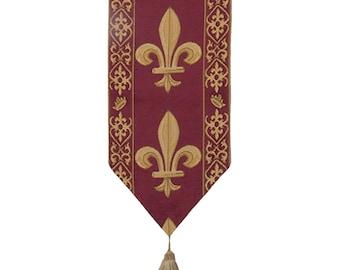 Fleur De Lys Table Runner Red French Royal Dining Decor Belgian Woven Cotton 12x64in