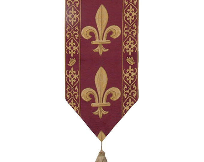 Fleur de Lys Red Table Runner: French Jacquard Woven Cotton, 12x64