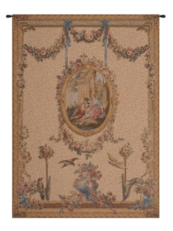 French Woven Wall Tapestry: Serenade Creme, Birds and Floral (58x44 inch)