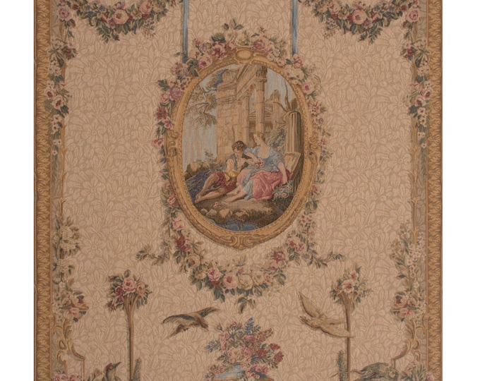 French Woven Wall Tapestry: Serenade Creme, Birds and Floral (58x44 inch)