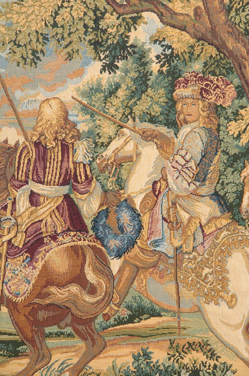 May include: A tapestry depicting two figures on horseback in a forest setting. The figures are dressed in elaborate clothing and are holding lances. The tapestry is woven with intricate details and vibrant colors.