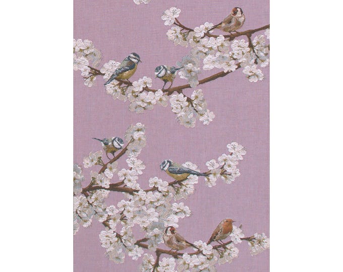French Jacquard Table Runner: Spring Birds & Blossoms, 71x19 inch