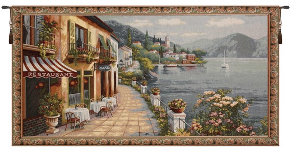 Lake Como Tapestry: Italian Cafe Scene Woven Wall Art