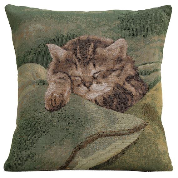 Sleeping Cat Tapestry Cushion Cover: Green French Pillow Cover (14x14 inch)