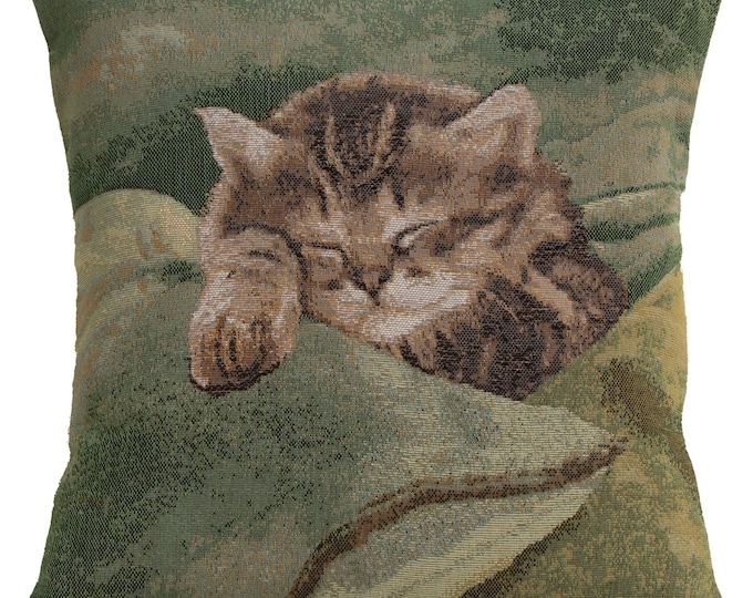 Sleeping Cat Tapestry Cushion Cover: Green French Pillow Cover (14x14 inch)