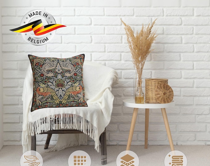 William Morris Tapestry Pillow Cover: Peacock and Dragon Woven Cushion (16x16)