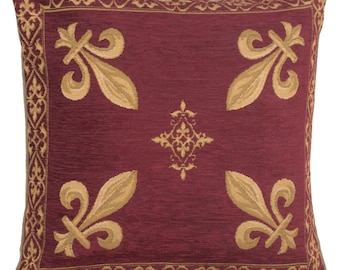 Fleur de Lys Red Pillow Cover 18x18 inch – Tapestry Cushion Covers – Farmhouse & Cottagecore Decorative Throw Pillow Case