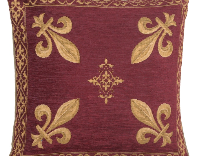 Fleur de Lys Tapestry Pillow Cover: Belgian Woven Cotton Chenille (18x18 inch)