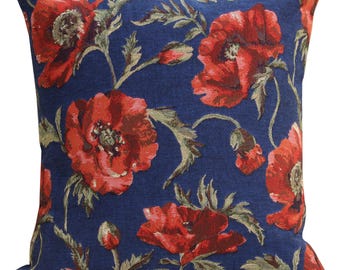 Belgian Woven Coquelicots Cushion Cover: Blue Floral Sofa Pillow (18x18 inch)