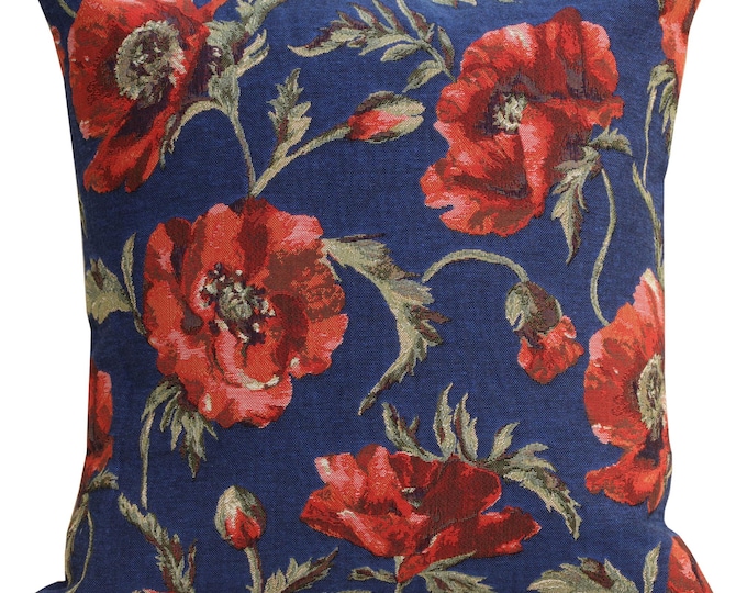 Belgian Woven Coquelicots Cushion Cover: Blue Floral Sofa Pillow (18x18 inch)