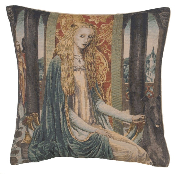 Lady of the Fountain Tapestry Cushion Cover: Belgian Woven Cotton Pillow
